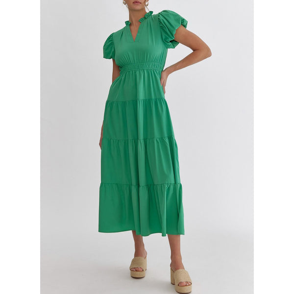 Entro - V Neck Bubble Sleeve Tiered Dress - Green