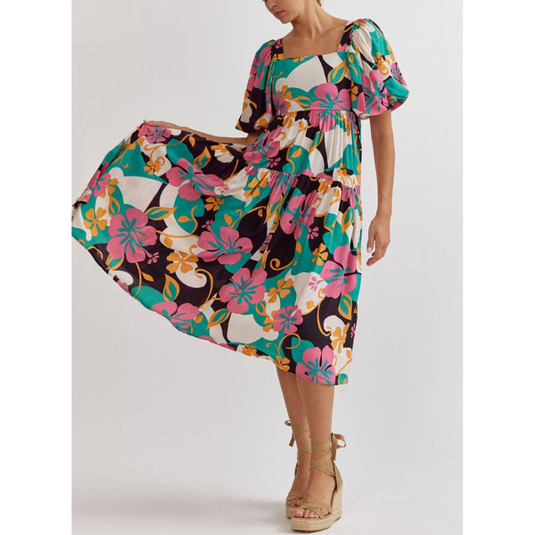 Entro - Floral Square Neck Midi with Puff Sleeves - Black Multi