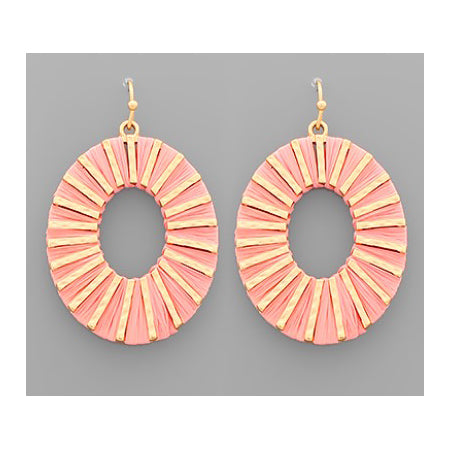 Raffia Wrapped Oval Earrings - Pink