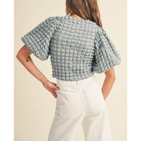 Miou Muse - Textured Balloon Sleeve Blouse - Dusty Blue