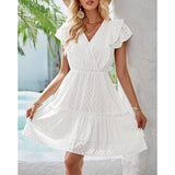 Supreme Fashion - Ruffle Trim V-Neck Dress - White