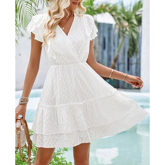 Supreme Fashion - Ruffle Trim V-Neck Dress - White