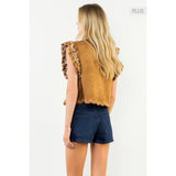 THML - Flutter Sleeve Suede Embroidery Detail Top - Brown