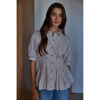 By Together - Francia Striped Peplum Shirt - Taupe