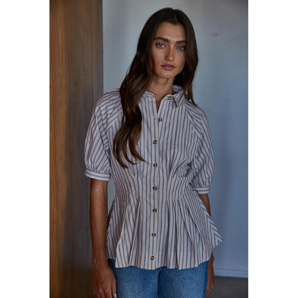 By Together - Francia Striped Peplum Shirt - Taupe