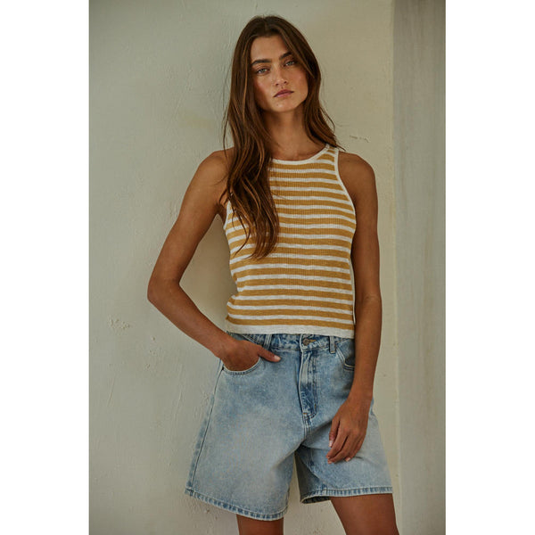 By Together - Knit Sweater Viscose Polyester Ribbed Striped Tank - Mustard White