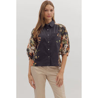 Entro - Floral Side Print 3/4 Sleeve - Black