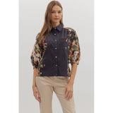 Entro - Floral Side Print 3/4 Sleeve - Black