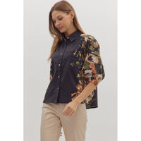 Entro - Floral Side Print 3/4 Sleeve - Black