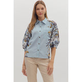 Entro - 3/4 Sleeve Floral Print Blouse - Chambray