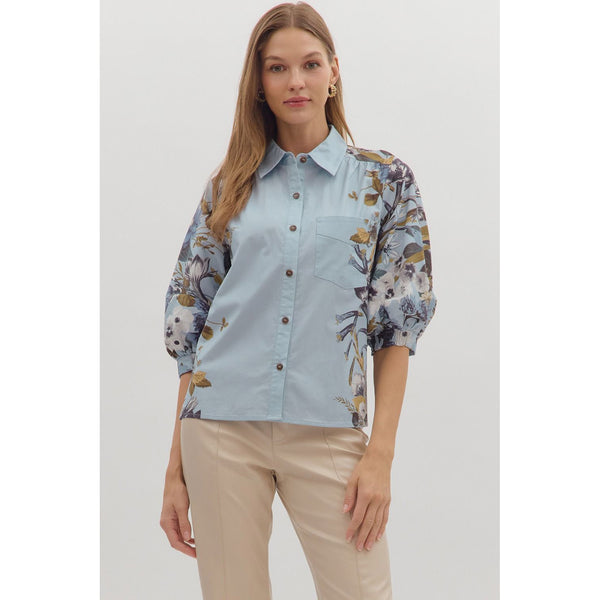 Entro - 3/4 Sleeve Floral Print Blouse - Chambray