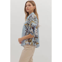 Entro - 3/4 Sleeve Floral Print Blouse - Chambray
