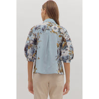 Entro - 3/4 Sleeve Floral Print Blouse - Chambray