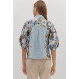 Entro - 3/4 Sleeve Floral Print Blouse - Chambray