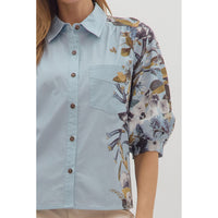 Entro - 3/4 Sleeve Floral Print Blouse - Chambray