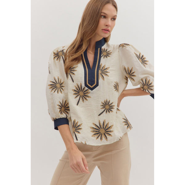Entro- Botanical Embroidery 3/4 Puff Sleeve Top - Ecru