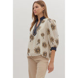 Entro- Botanical Embroidery 3/4 Puff Sleeve Top - Ecru