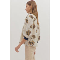 Entro- Botanical Embroidery 3/4 Puff Sleeve Top - Ecru