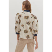 Entro- Botanical Embroidery 3/4 Puff Sleeve Top - Ecru