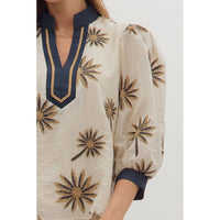 Entro- Botanical Embroidery 3/4 Puff Sleeve Top - Ecru
