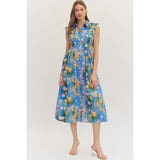 Entro - Botanical Midi with Front Zipper - Blue