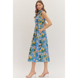 Entro - Botanical Midi with Front Zipper - Blue