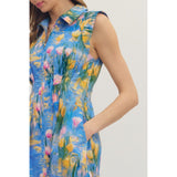 Entro - Botanical Midi with Front Zipper - Blue