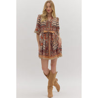 Entro - Botanical Print Belted Mini Dress - Charcoal