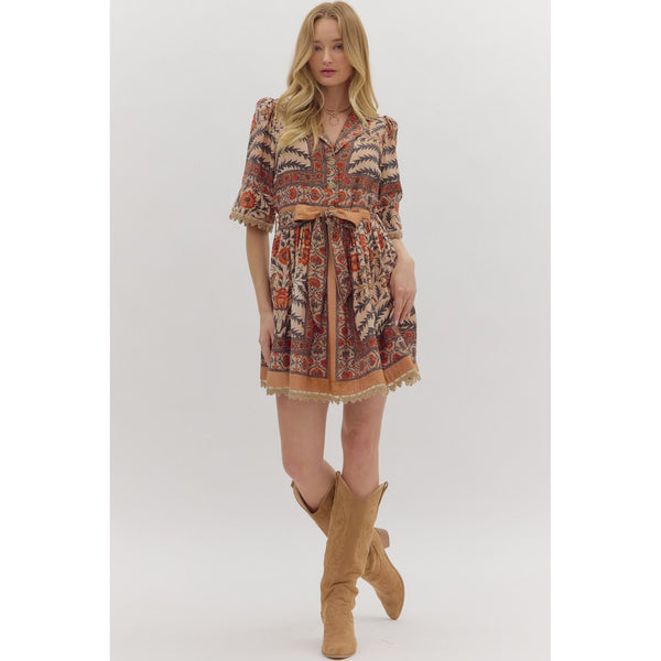 Entro - Botanical Print Belted Mini Dress - Charcoal