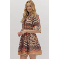 Entro - Botanical Print Belted Mini Dress - Charcoal