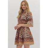 Entro - Botanical Print Belted Mini Dress - Charcoal