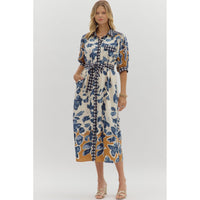 Entro - Botanical Print Midi Shirt Dress With Contrast Collar and Trim - Slate Blue