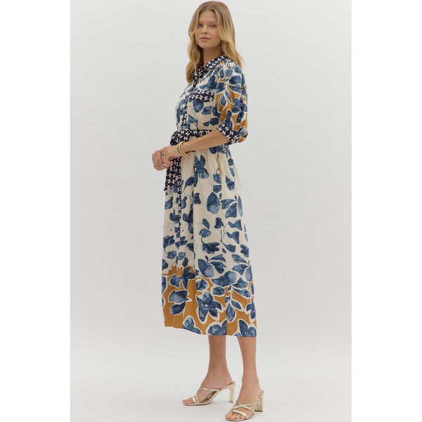 Entro - Botanical Print Midi Shirt Dress With Contrast Collar and Trim - Slate Blue