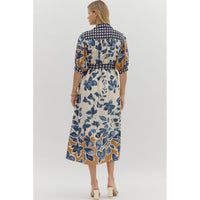 Entro - Botanical Print Midi Shirt Dress With Contrast Collar and Trim - Slate Blue