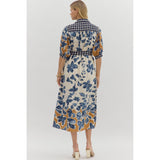 Entro - Botanical Print Midi Shirt Dress With Contrast Collar and Trim - Slate Blue