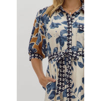 Entro - Botanical Print Midi Shirt Dress With Contrast Collar and Trim - Slate Blue