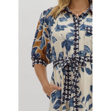 Entro - Botanical Print Midi Shirt Dress With Contrast Collar and Trim - Slate Blue