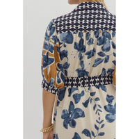 Entro - Botanical Print Midi Shirt Dress With Contrast Collar and Trim - Slate Blue