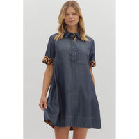 Entro - Chambray Collar Button Front Mini Dress - Dark Denim