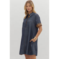 Entro - Chambray Collar Button Front Mini Dress - Dark Denim