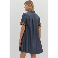 Entro - Chambray Collar Button Front Mini Dress - Dark Denim