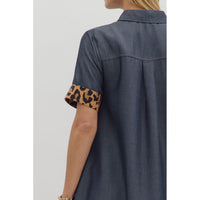 Entro - Chambray Collar Button Front Mini Dress - Dark Denim