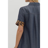 Entro - Chambray Collar Button Front Mini Dress - Dark Denim