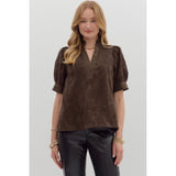 Entro - Floral Embroidered Puff Sleeve Top - Brown