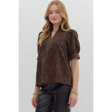 Entro - Floral Embroidered Puff Sleeve Top - Brown