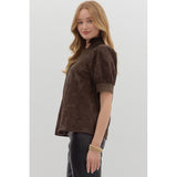 Entro - Floral Embroidered Puff Sleeve Top - Brown