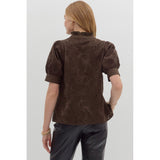Entro - Floral Embroidered Puff Sleeve Top - Brown