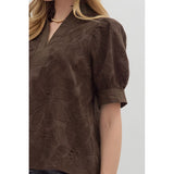 Entro - Floral Embroidered Puff Sleeve Top - Brown
