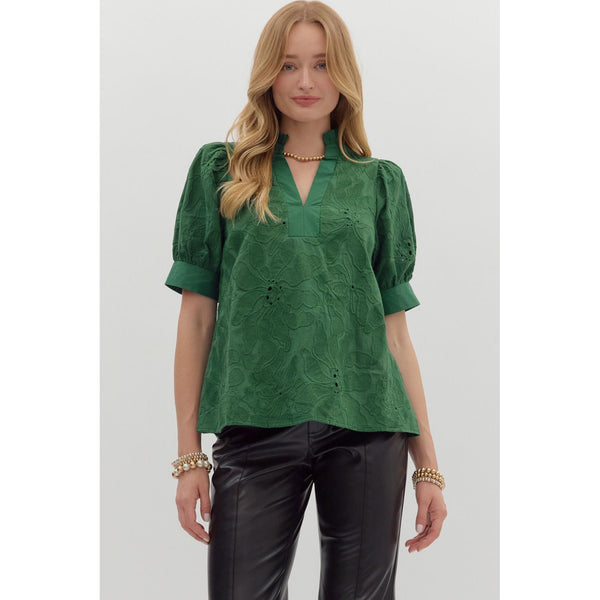 Entro - Floral Embroidered Puff Sleeve Top - Green
