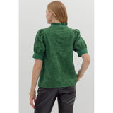 Entro - Floral Embroidered Puff Sleeve Top - Green